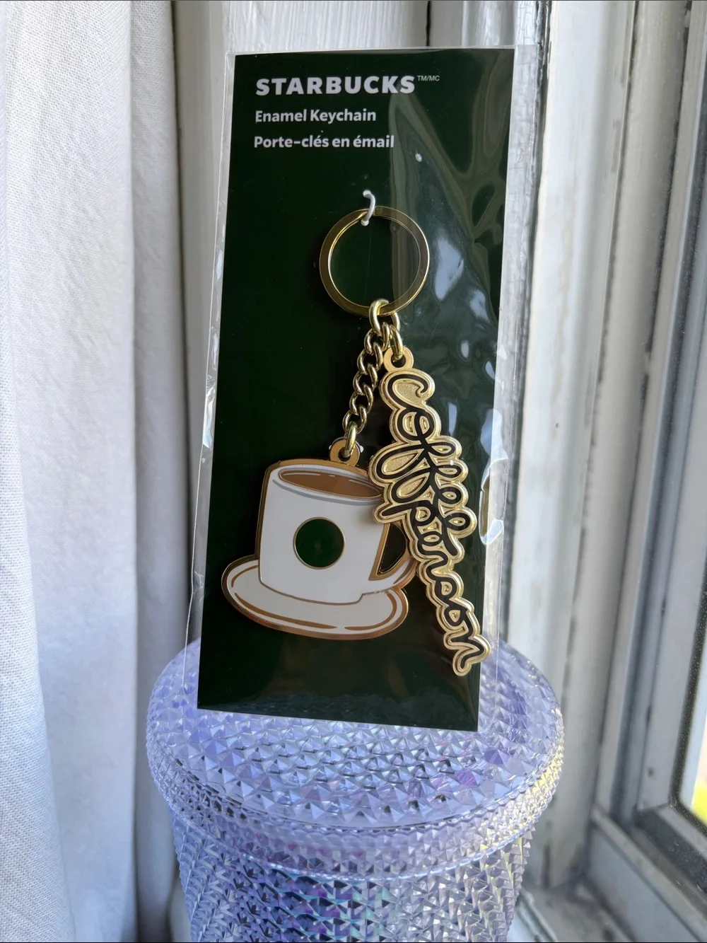 Starbucks NWT Enamel Keychain coffee cup coffee person in script sealed